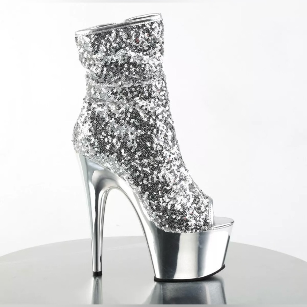 🦋B2G1🦋PLEASER 7" Heel Platform Silver Sequins/Chrome Peep Toe Side Zip Stiletto - Picture 4 of 7